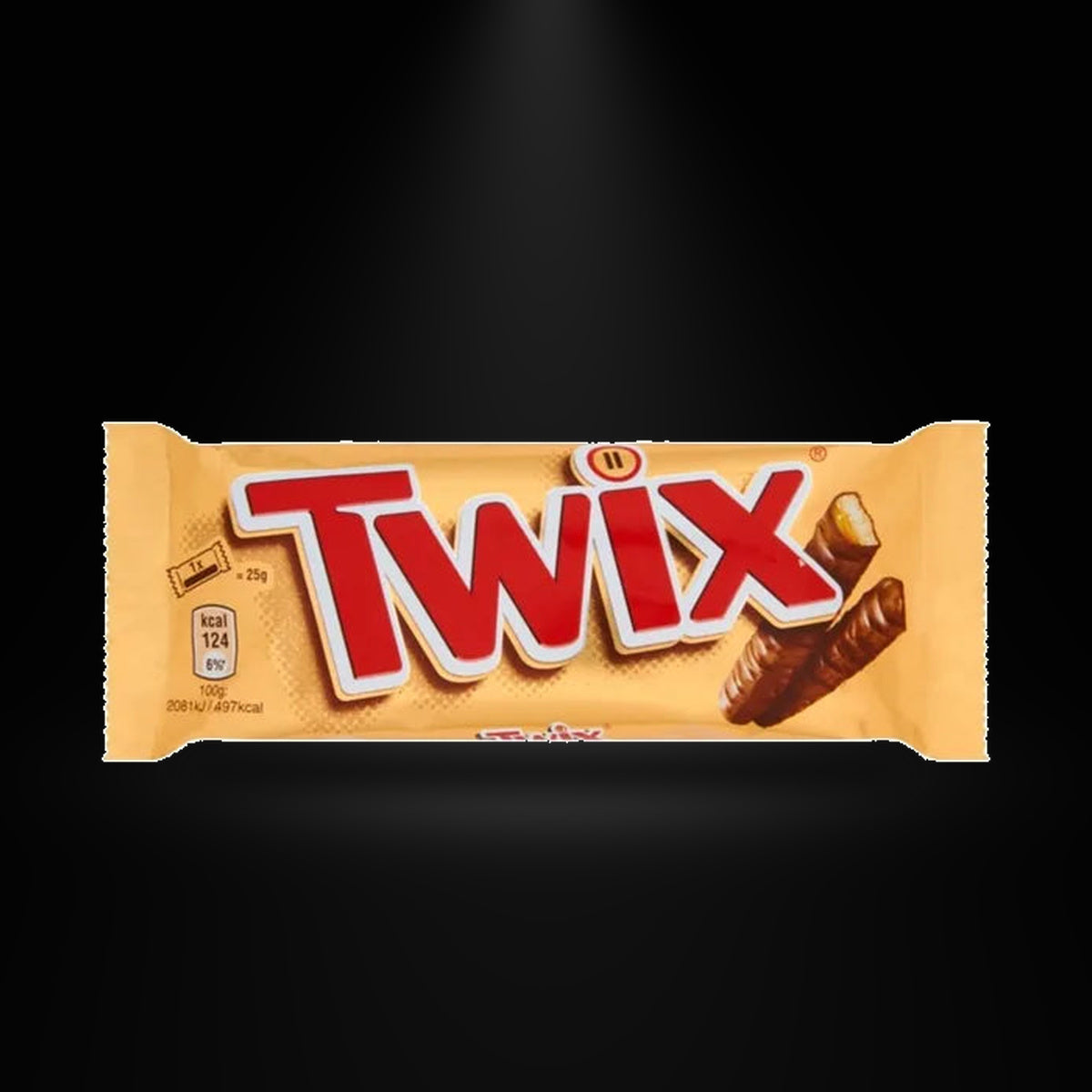 Twix 50 gm on a black background with an overhead spotlight