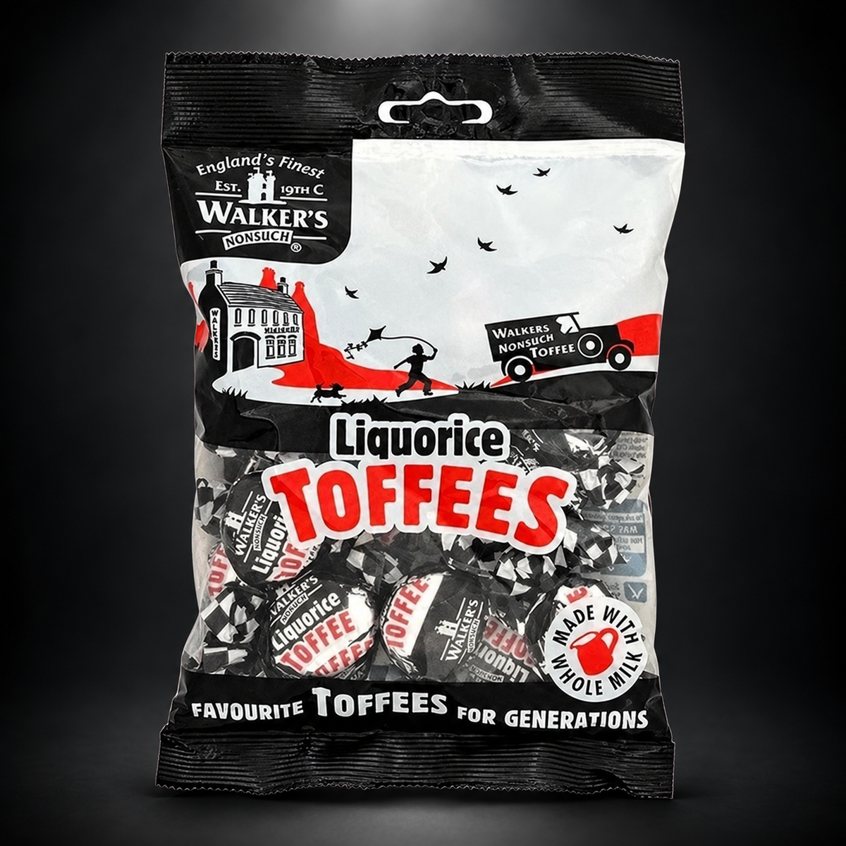 Walker's Nonsuch Liquorice Toffees — black background with overhead spotlight